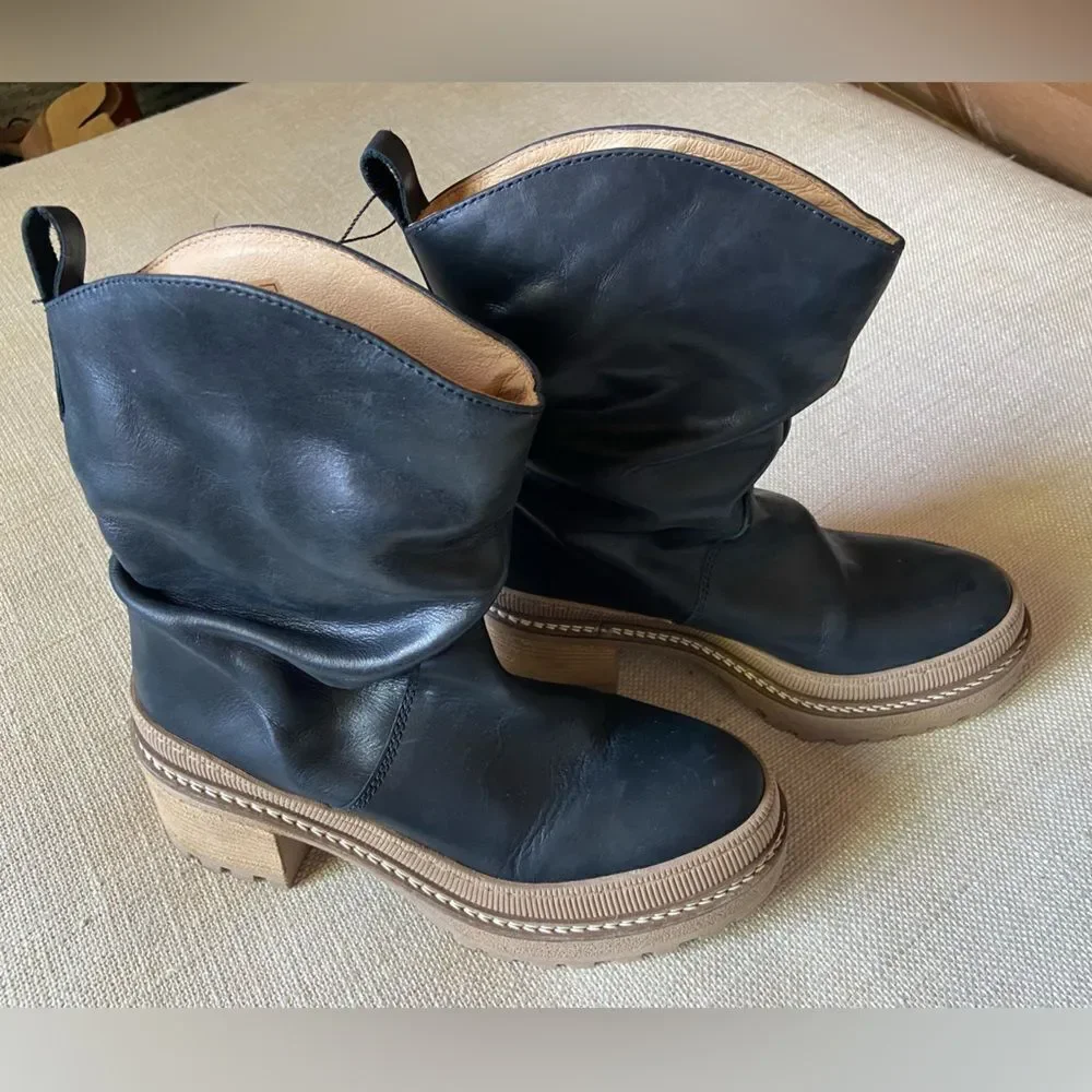 Free People Mel Slouch Leather Boot Black Chunky Sole 6.5